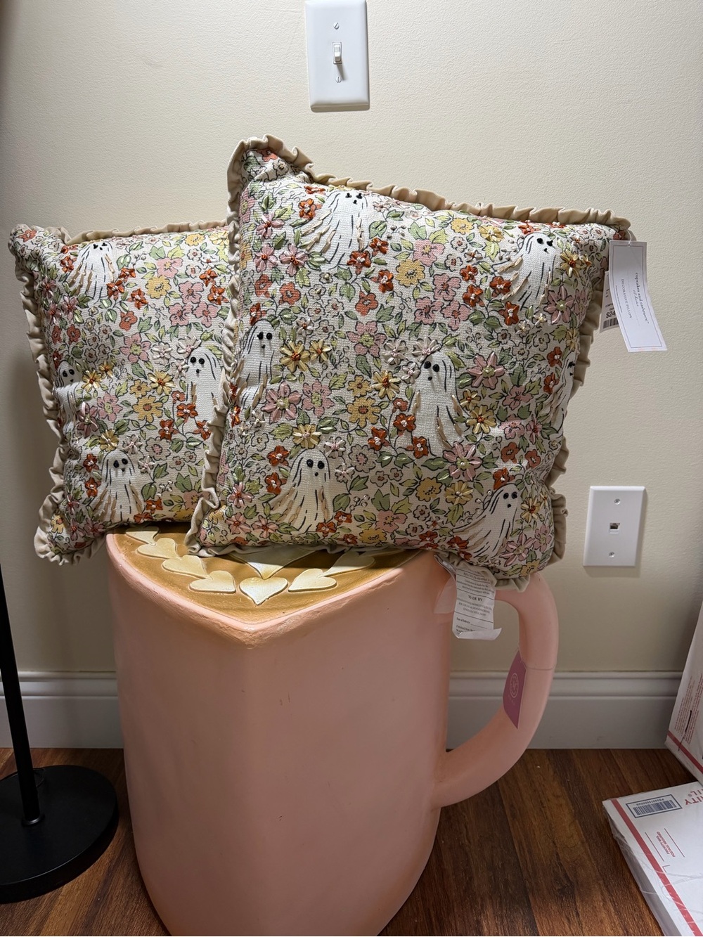 Set of 2 Cupcakes & Cashmere Halloween Pillows with Pastel Flowers & Ghosts